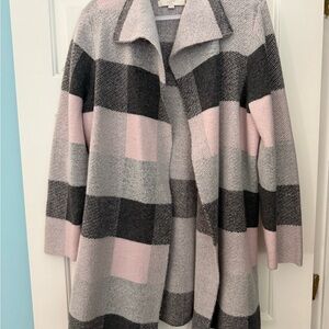 LOFT Plaid Cardigan in Soft Pink and Gray